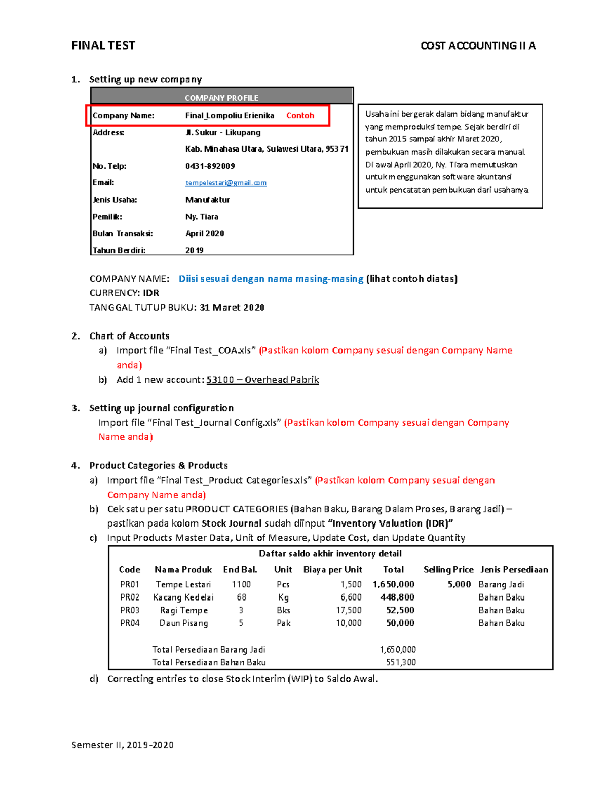 Final Test Cost Accounting II A - Structured Journal Setup Guide - Studocu