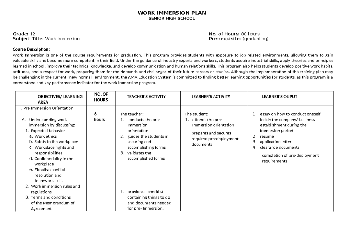Work Immersion Training Plan Revised for checking of SHS Leads - SENIOR ...