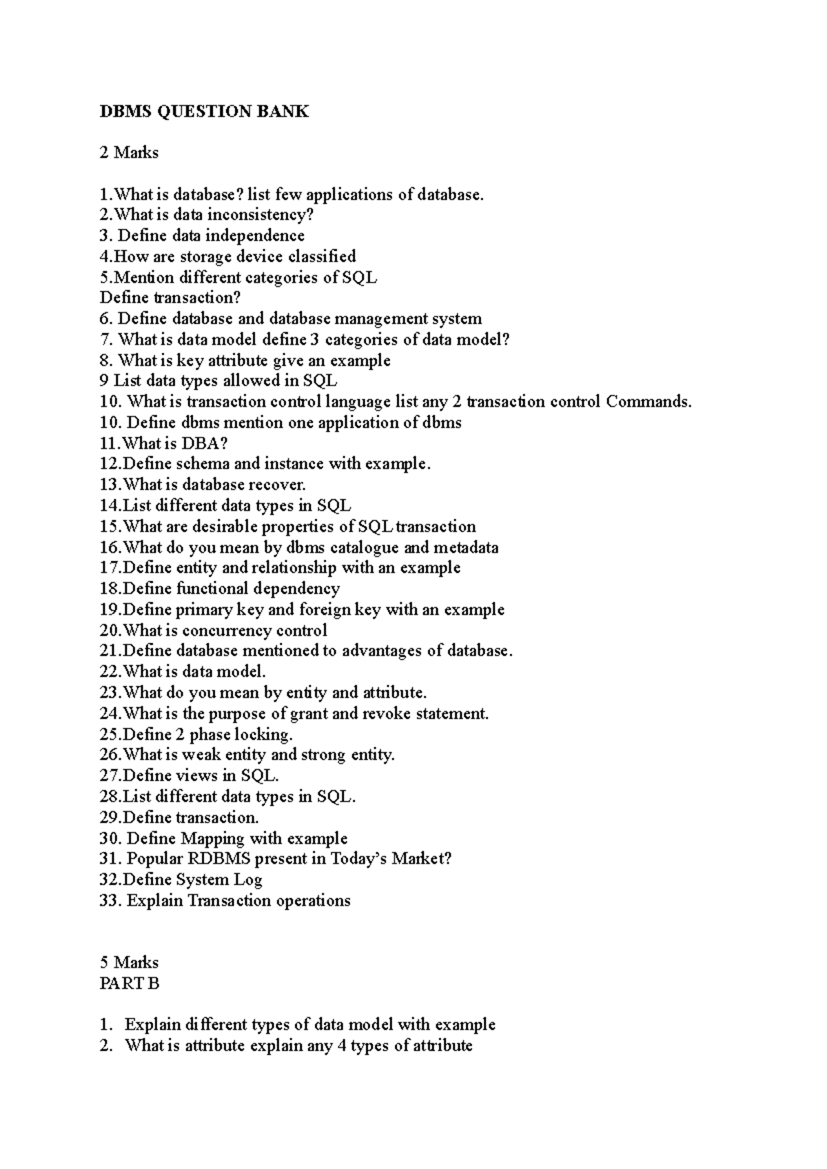 DBMS Important Questions & Answers for Exam Preparation (DBMS) - Studocu