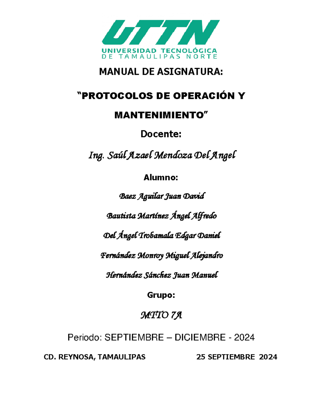 Manual Unidad 1: Protocolos de Operación y Mantenimiento - MTTO 7A ...