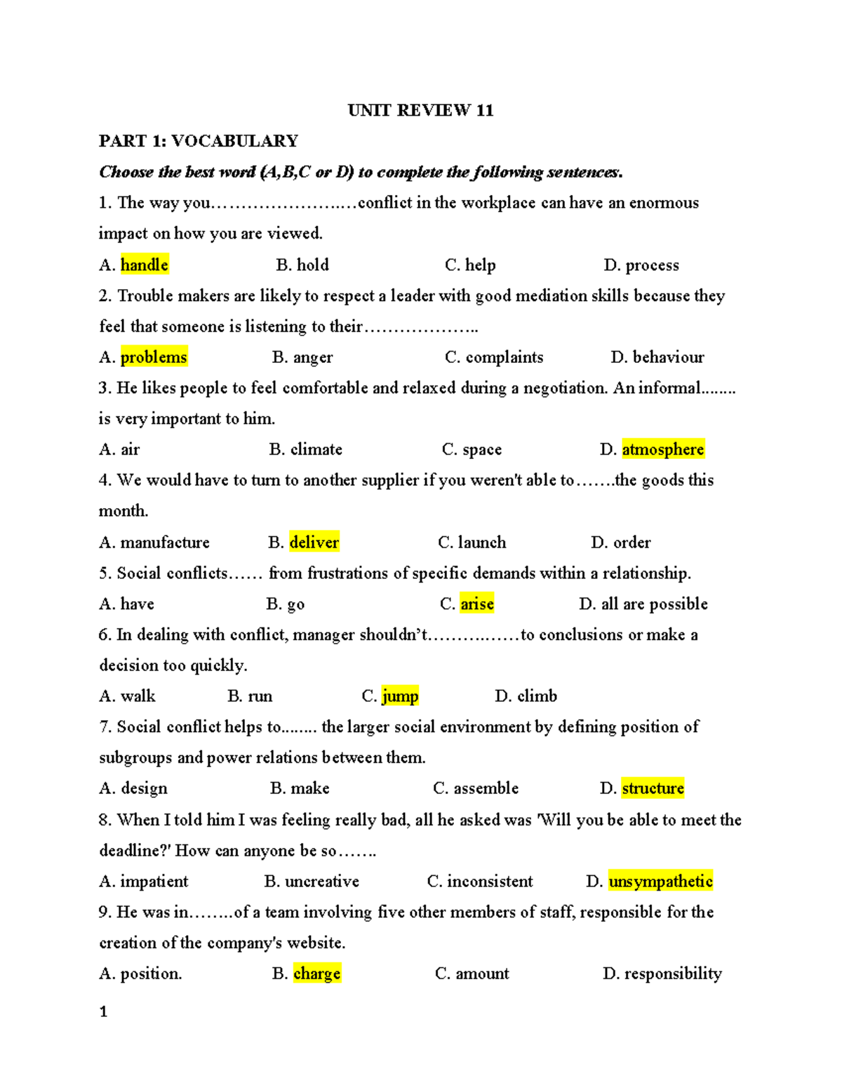 Unit review 11 part 1: Vocabulary and grammar exercises - Studocu