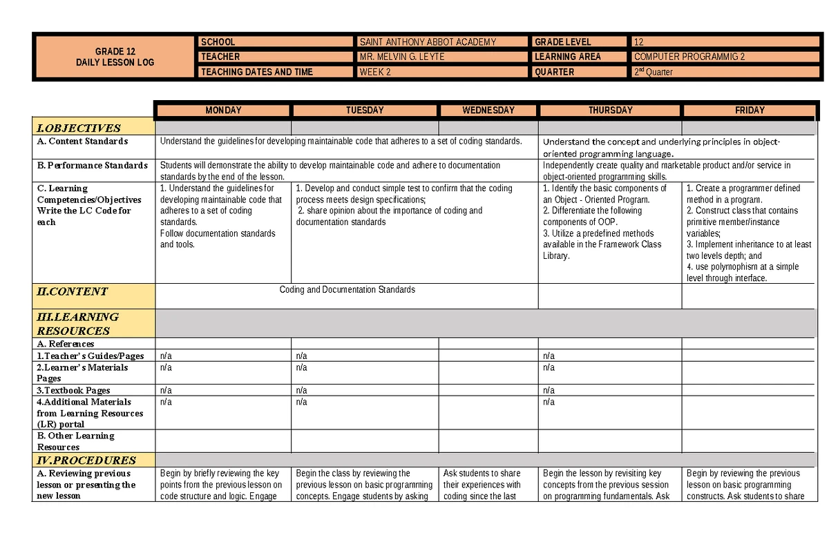 GRADE 11 DLL: Computer Programming Lesson Plan for Week 1, 2nd Quarter ...
