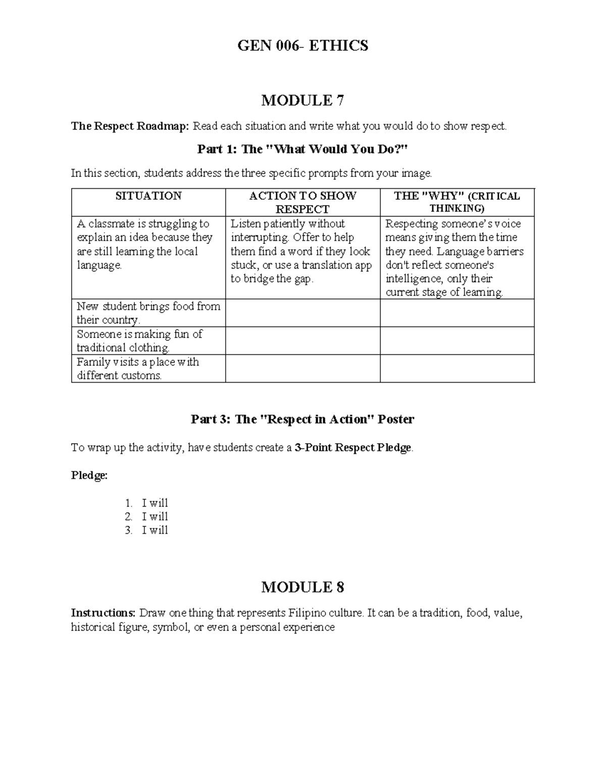 GEN 006 Activity Sheets: Respect, Empathy, and Integrity Modules 7-10 ...
