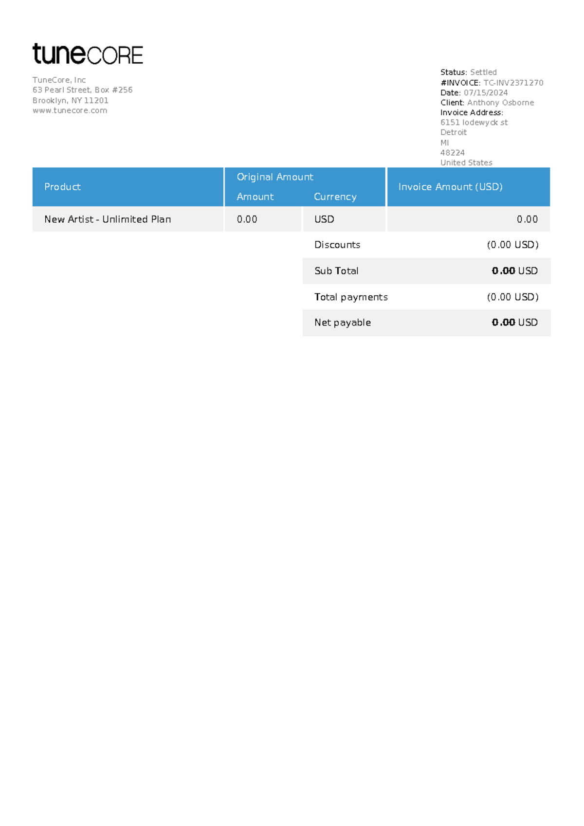 Invoice 2024-07-17 - Work - BIO 430 - Discounts (0 USD) Sub Total 0 USD ...