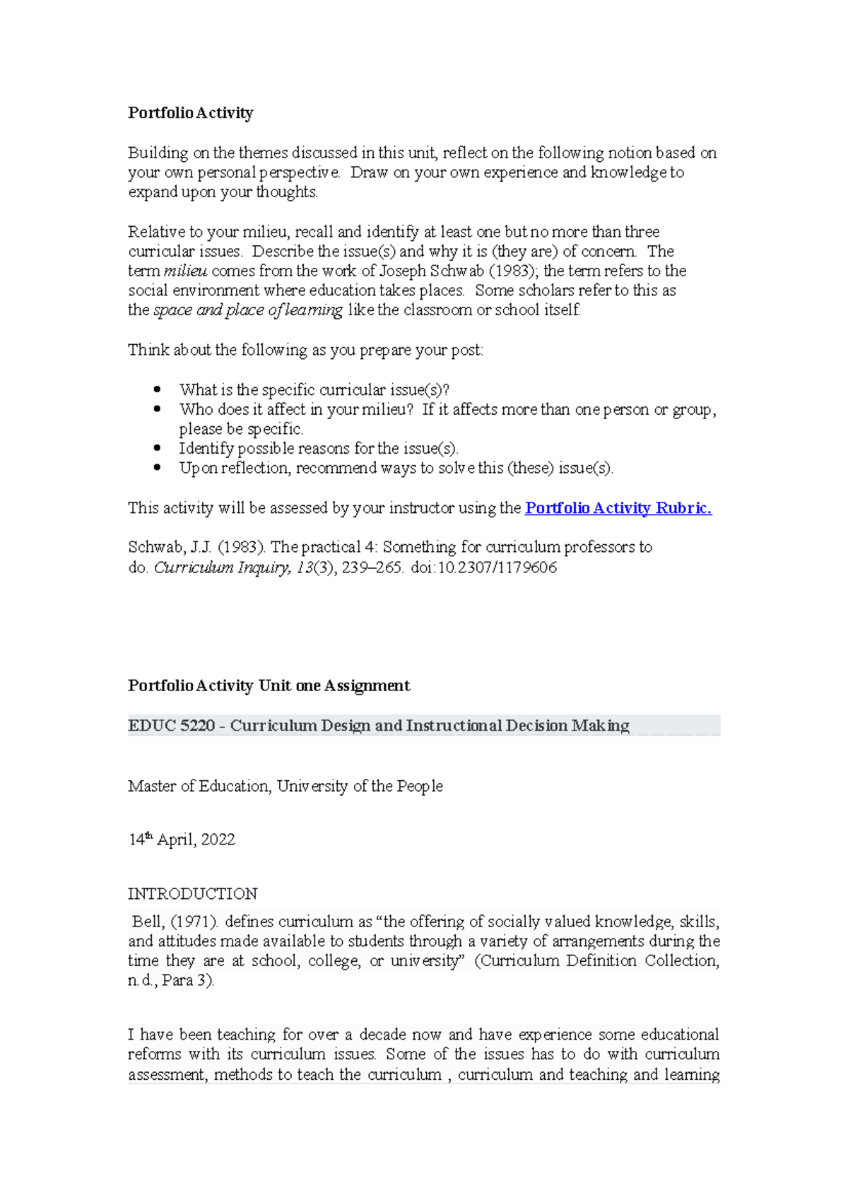 Portfolio Activity Reflection – EDUC 5220 Curriculum Issues - Studocu