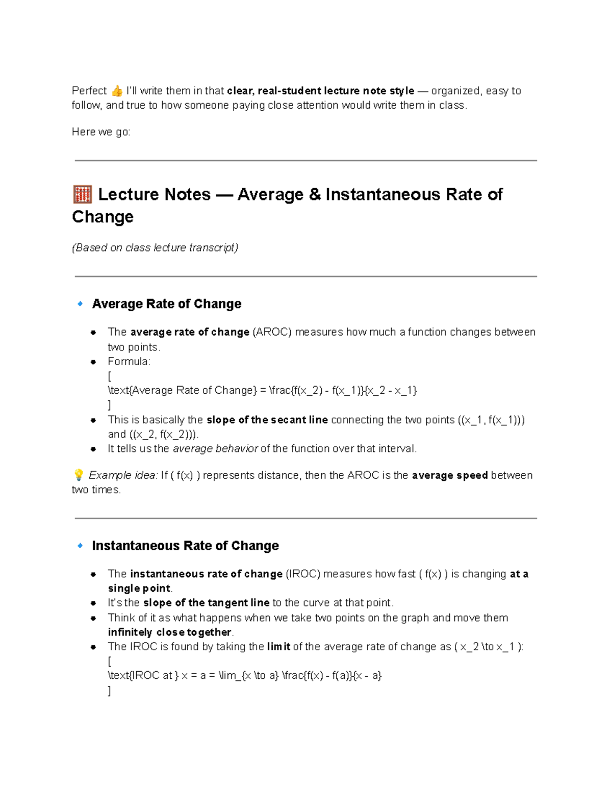 Lecture Notes: Average & Instantaneous Rate of Change (Calc 101) - Studocu