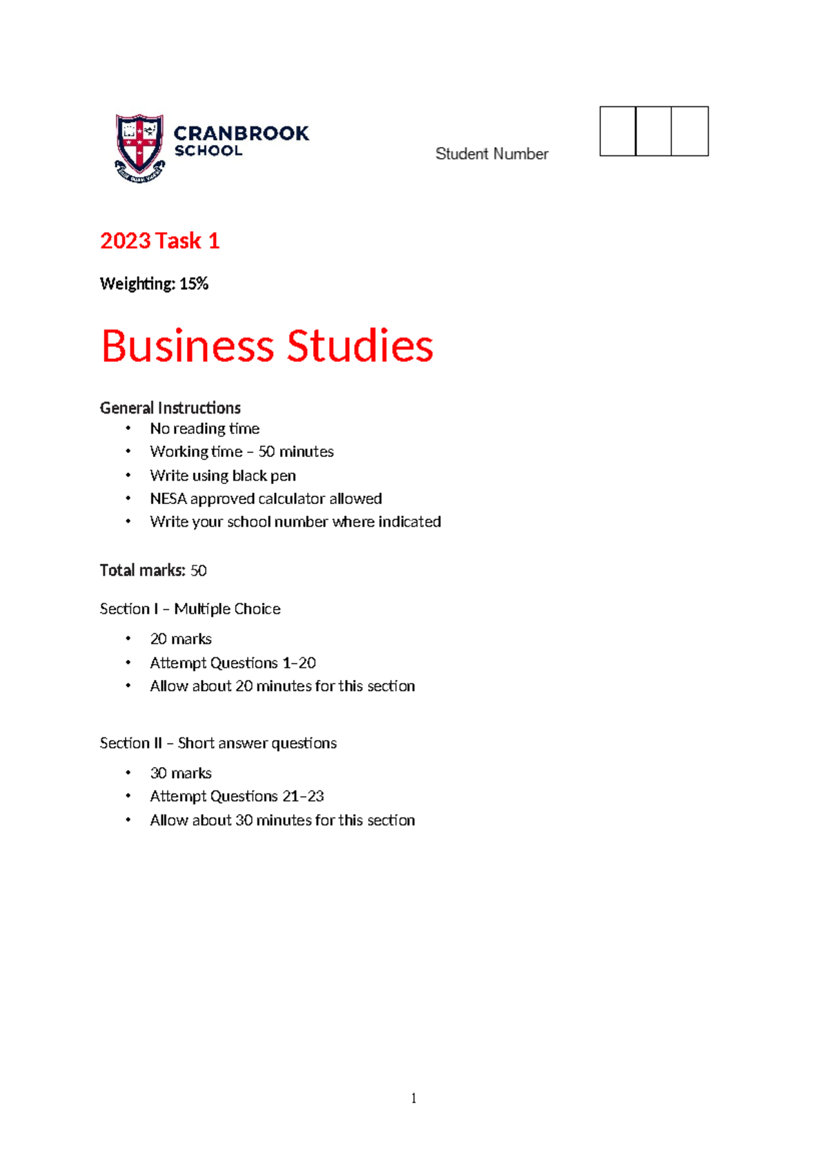 Task 1 2023 - Business Studies Internal Past Paper Exam - Studocu