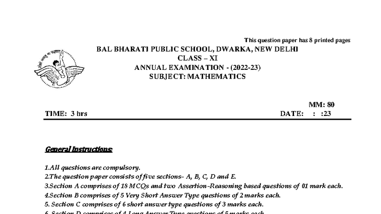 Class XI Annual Exam Mathematics Paper (2022-23) - Studocu