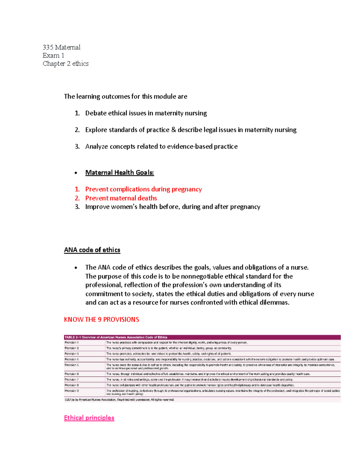 335 Maternal Exam 1 Chapter 2: Ethics in Maternity Nursing - Studocu