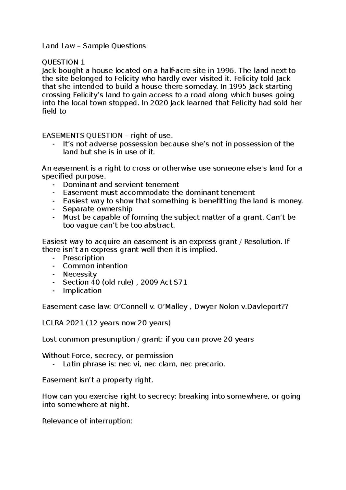 Land Law Sample Q - Easements and Property Rights Analysis - Studocu