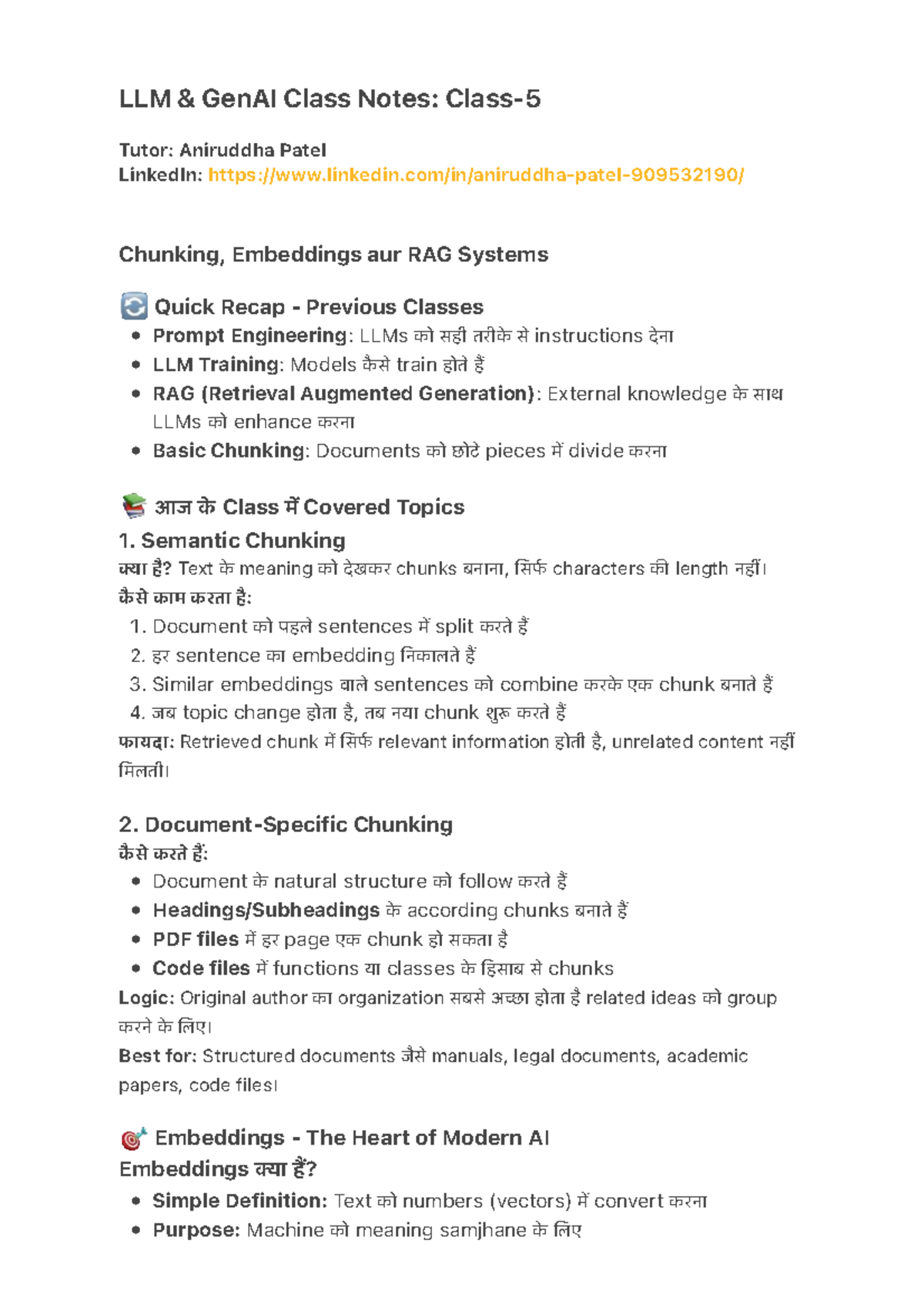 LLM GenAI Class 5 Notes: Chunking, Embeddings & RAG Systems - Studocu