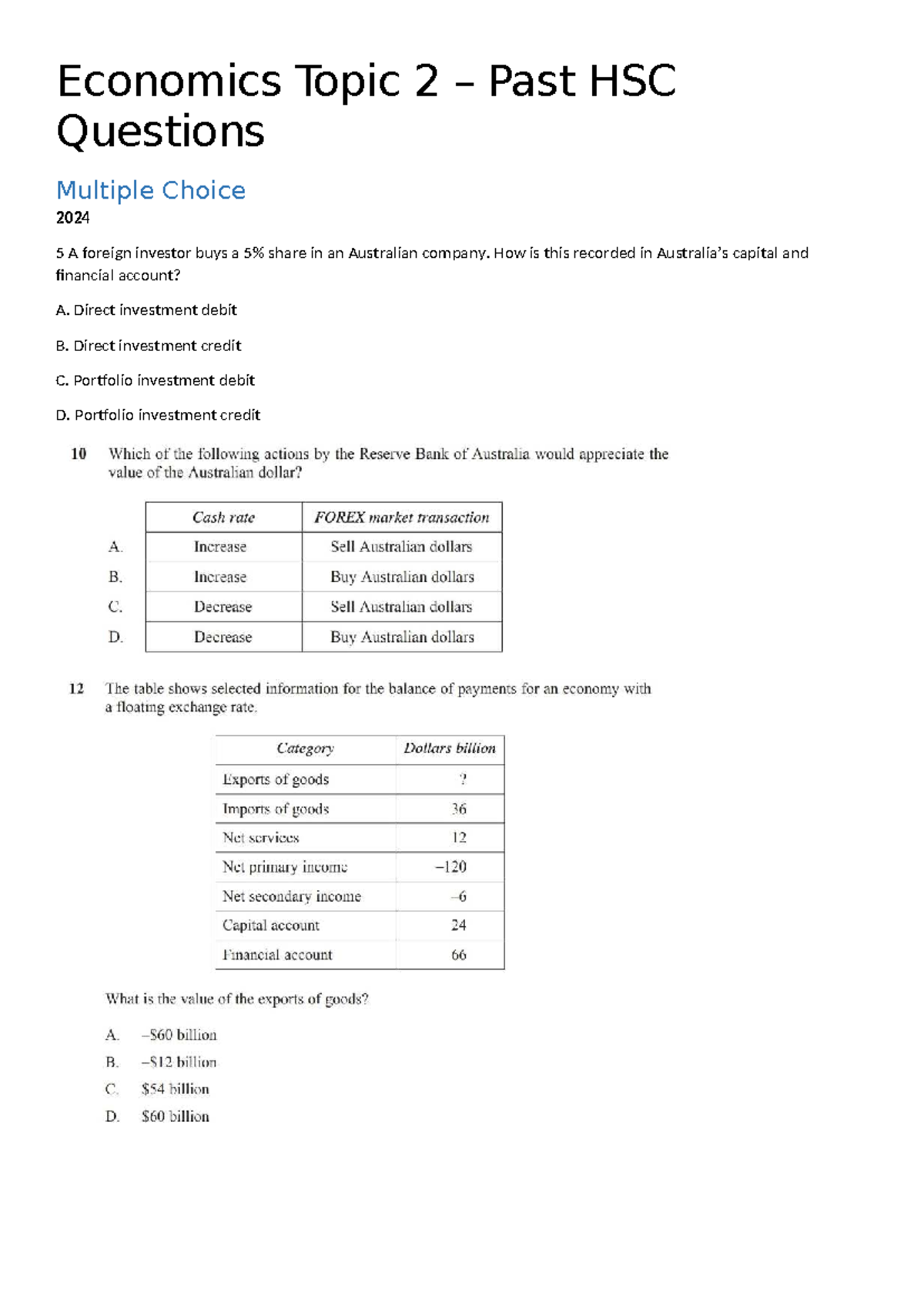 Economics HSC Topic 2 Past Questions & Answers 2024 - Studocu