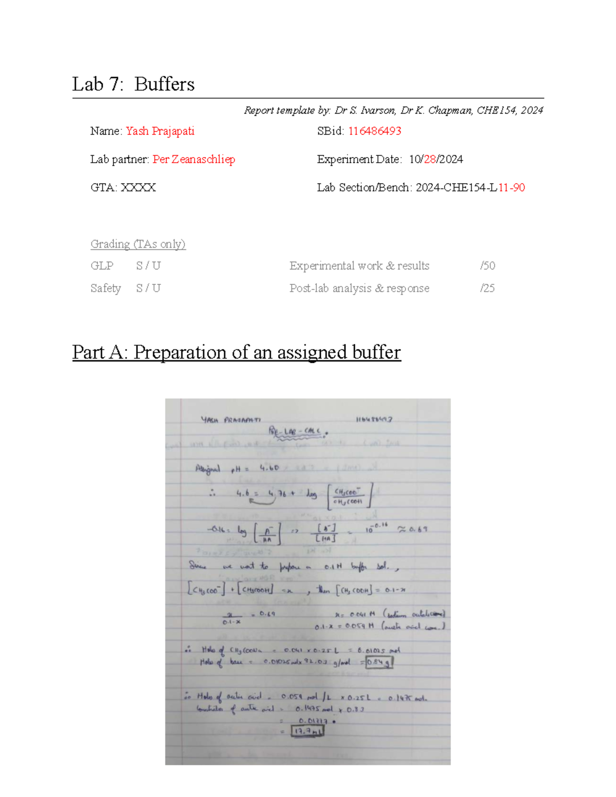 CHE154 Lab 7: Buffers Post-Lab Report by Yash Prajapati - Studocu