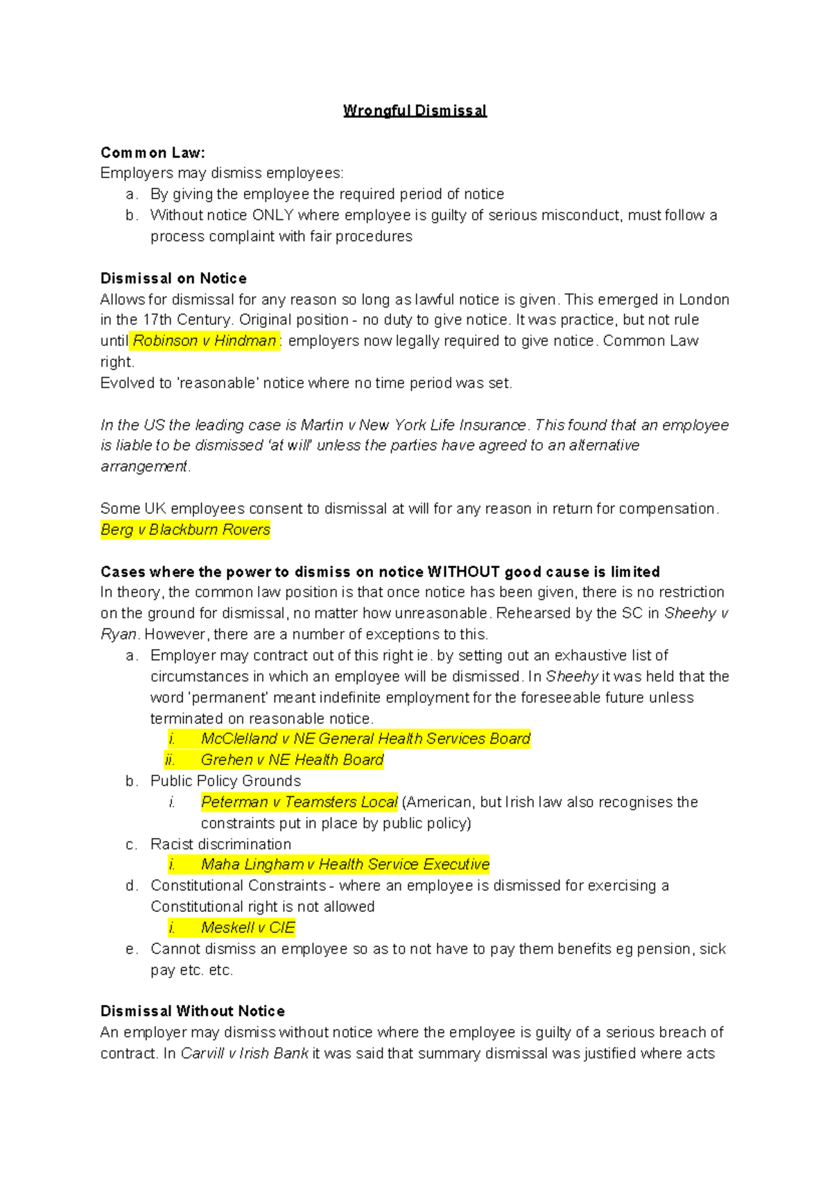 Topic 2 - Key Principles of Wrongful Dismissal in Employment Law - Studocu