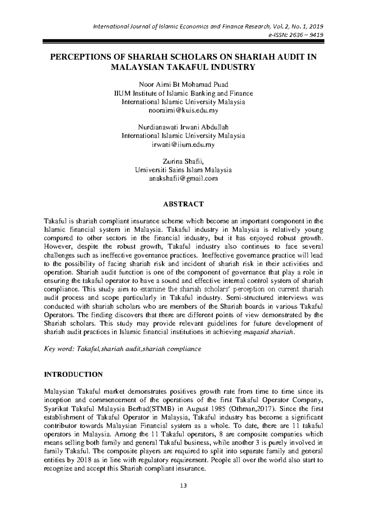 Perceptions of Shariah Scholars on Shariah Audit in Takaful Industry: A ...