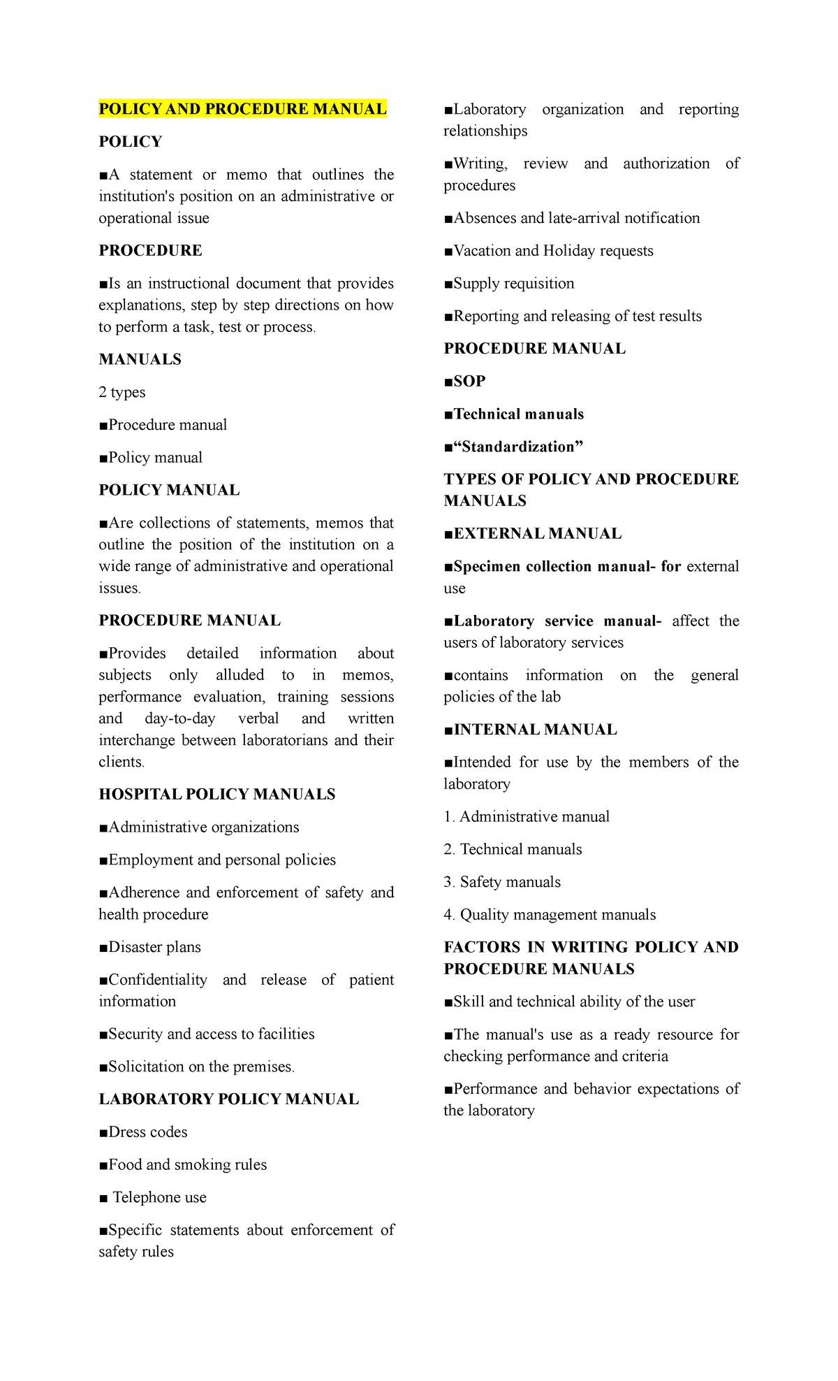 Labman Semis - N/A - POLICY AND PROCEDURE MANUAL POLICY A statement or ...