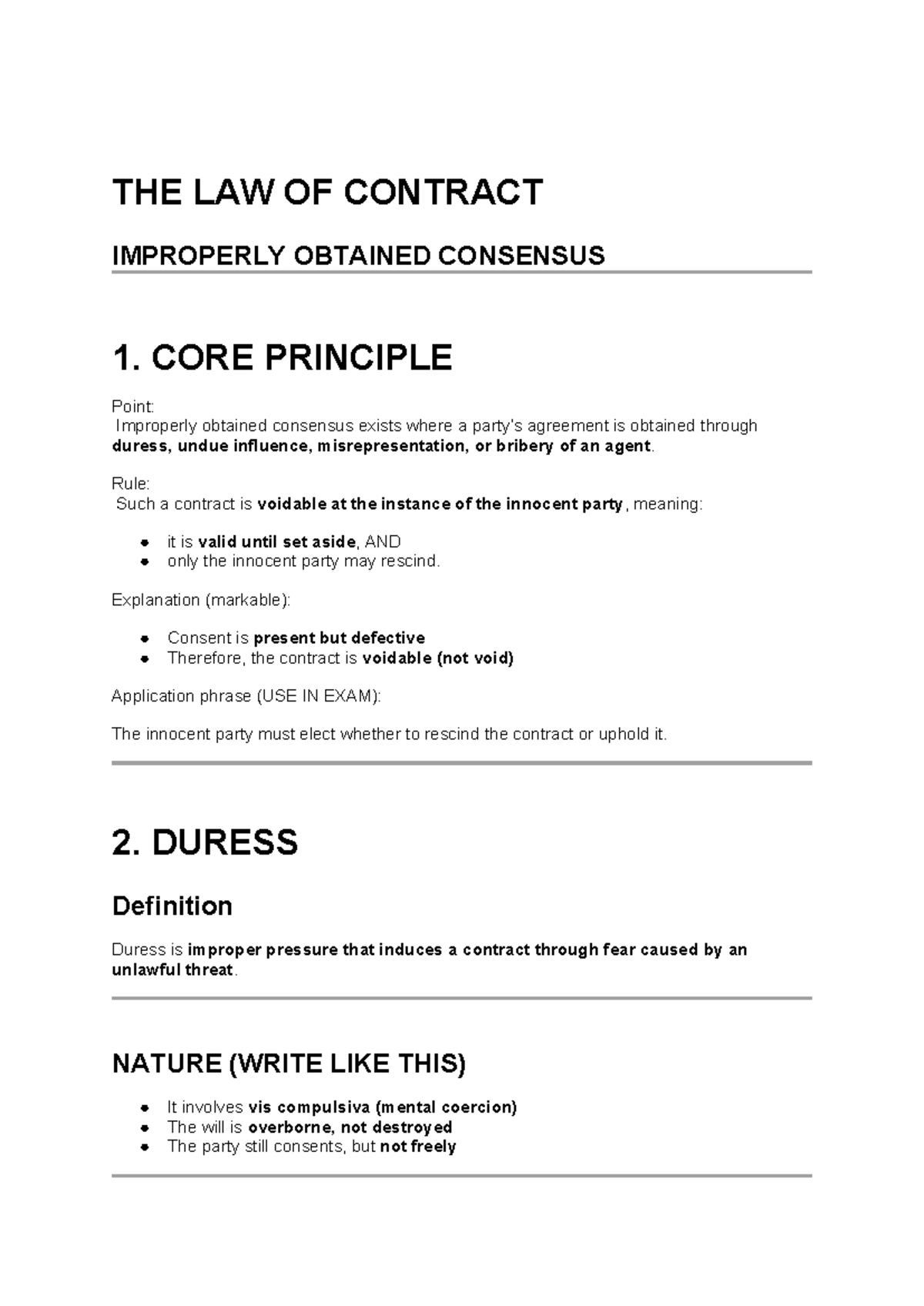 KTR Unit 4 - Law of Contract: Improperly Obtained Consensus Notes - Studocu