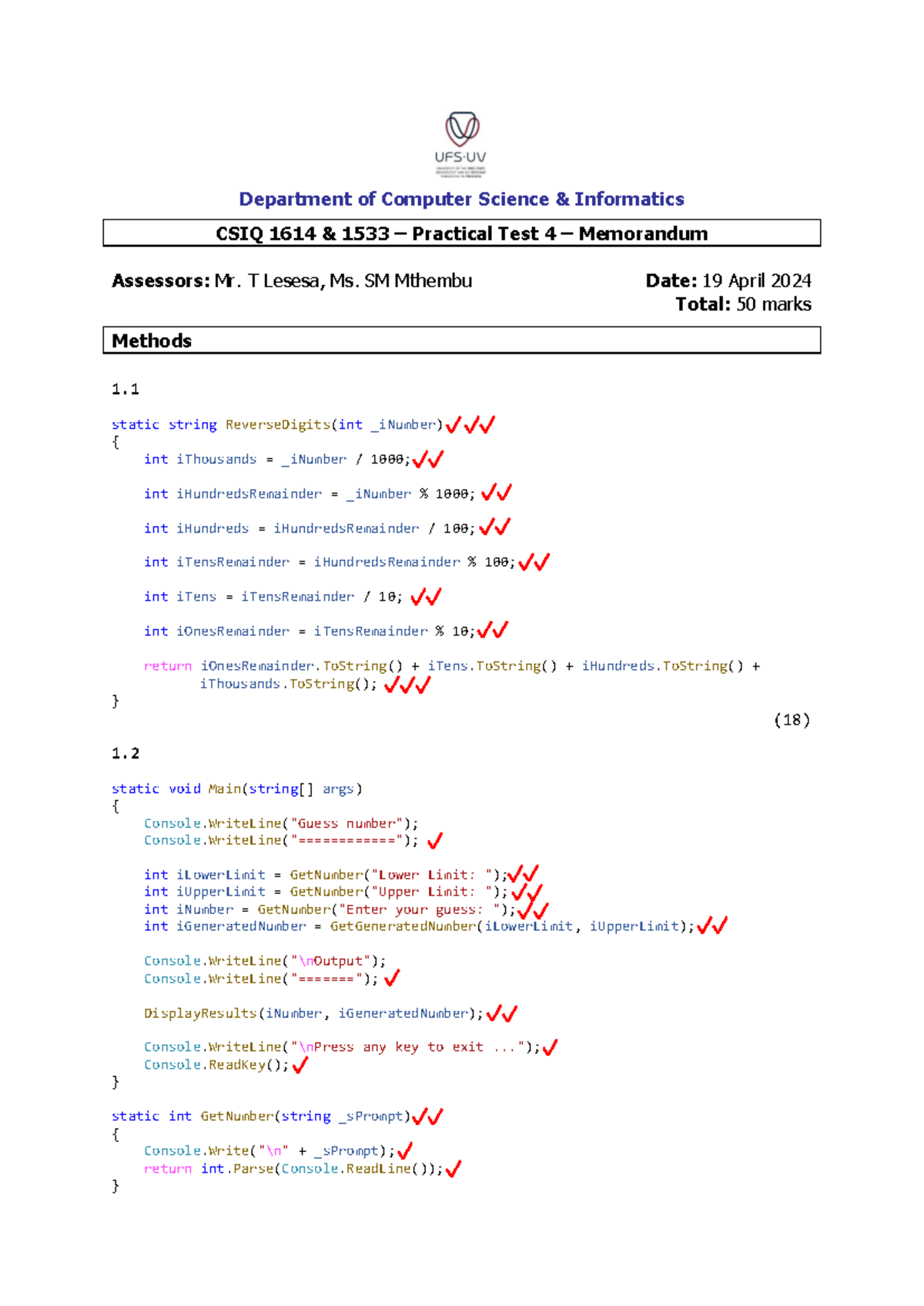 Practical Test 4 Memorandum for CSIQ 1614 - Computer Science - Studocu