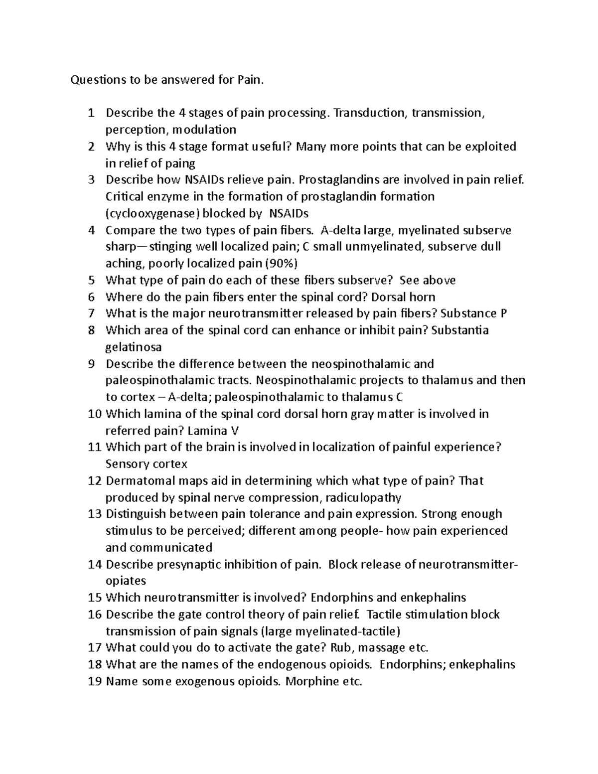 Pain Management: Key Q&A Overview for Anatomy 101 Final Exam - Studocu