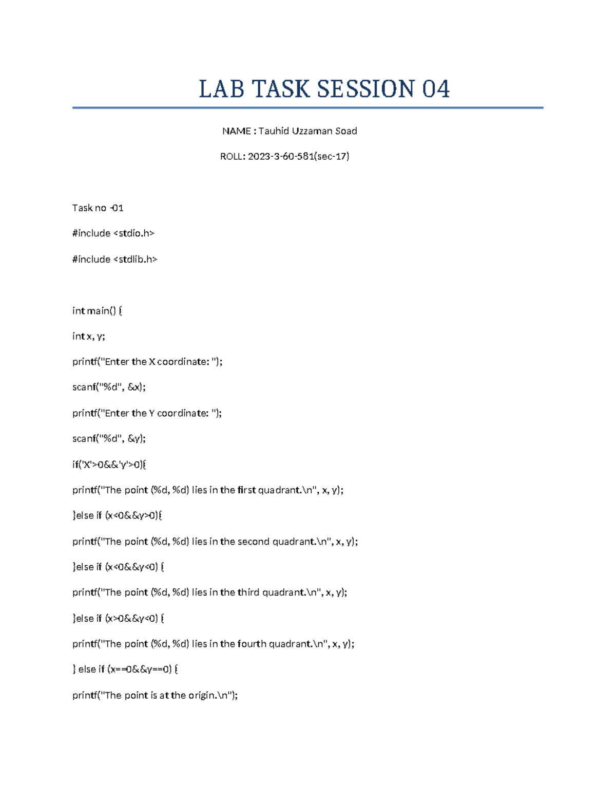 Lab Task Session 04: Programming Concepts and Exercises - Studocu