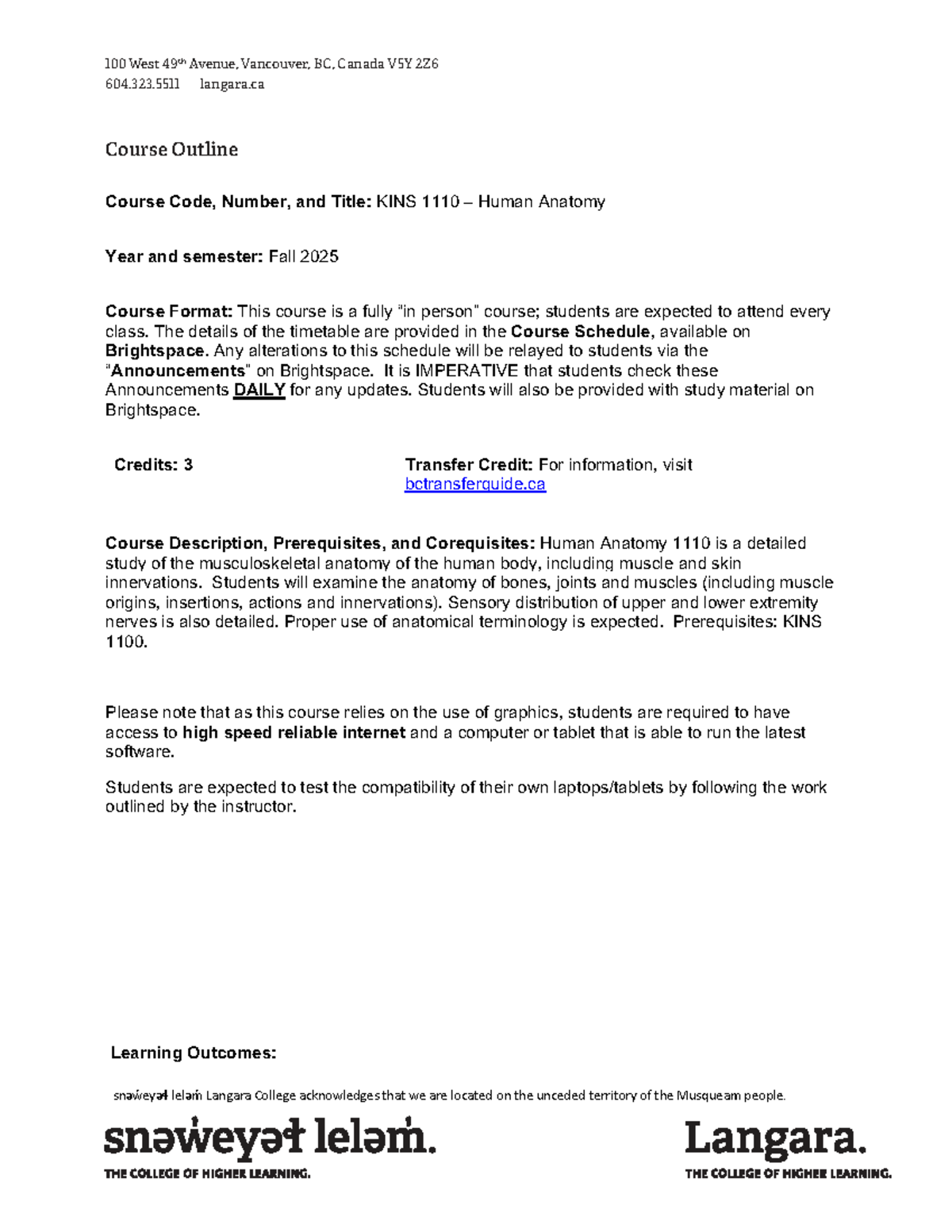 KINS 1110 Fall 2025 Human Anatomy Course Syllabus - Studocu