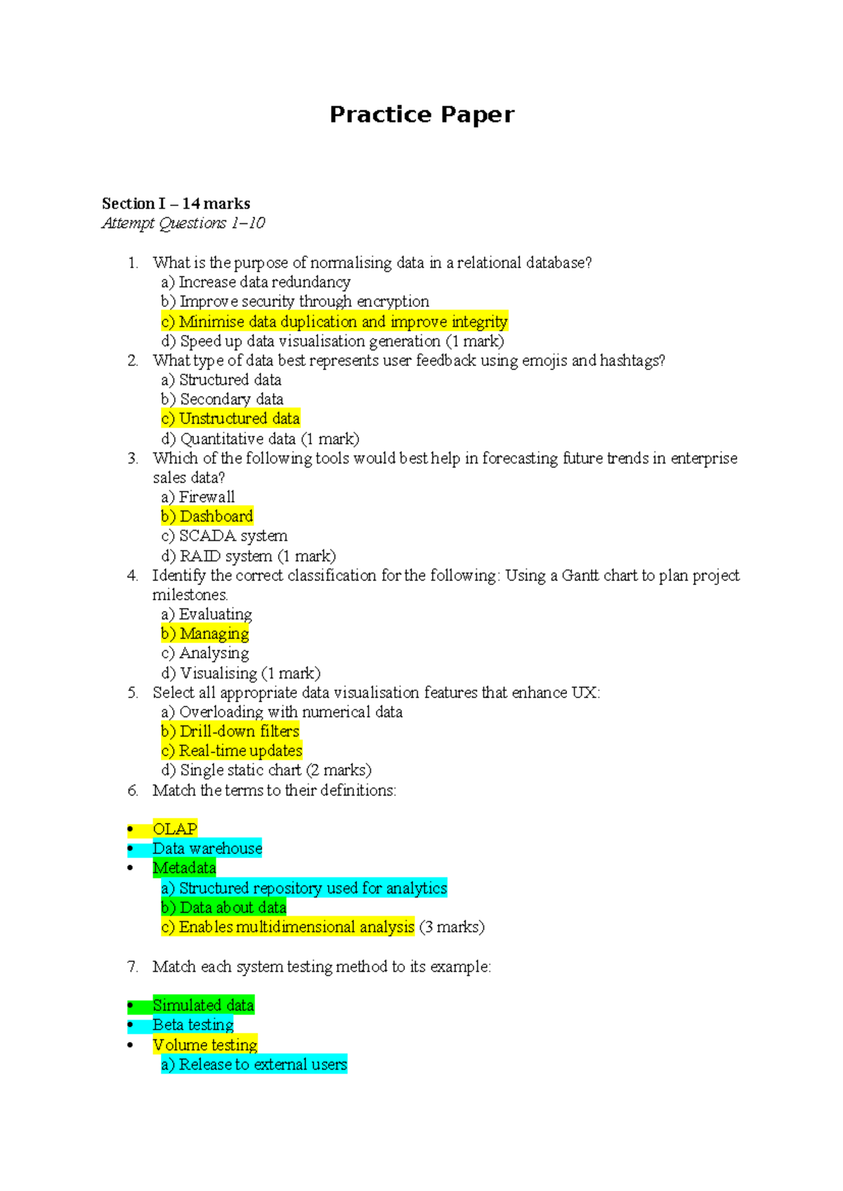 Practice Paper: Data Analysis & Visualisation Techniques (14 Marks ...