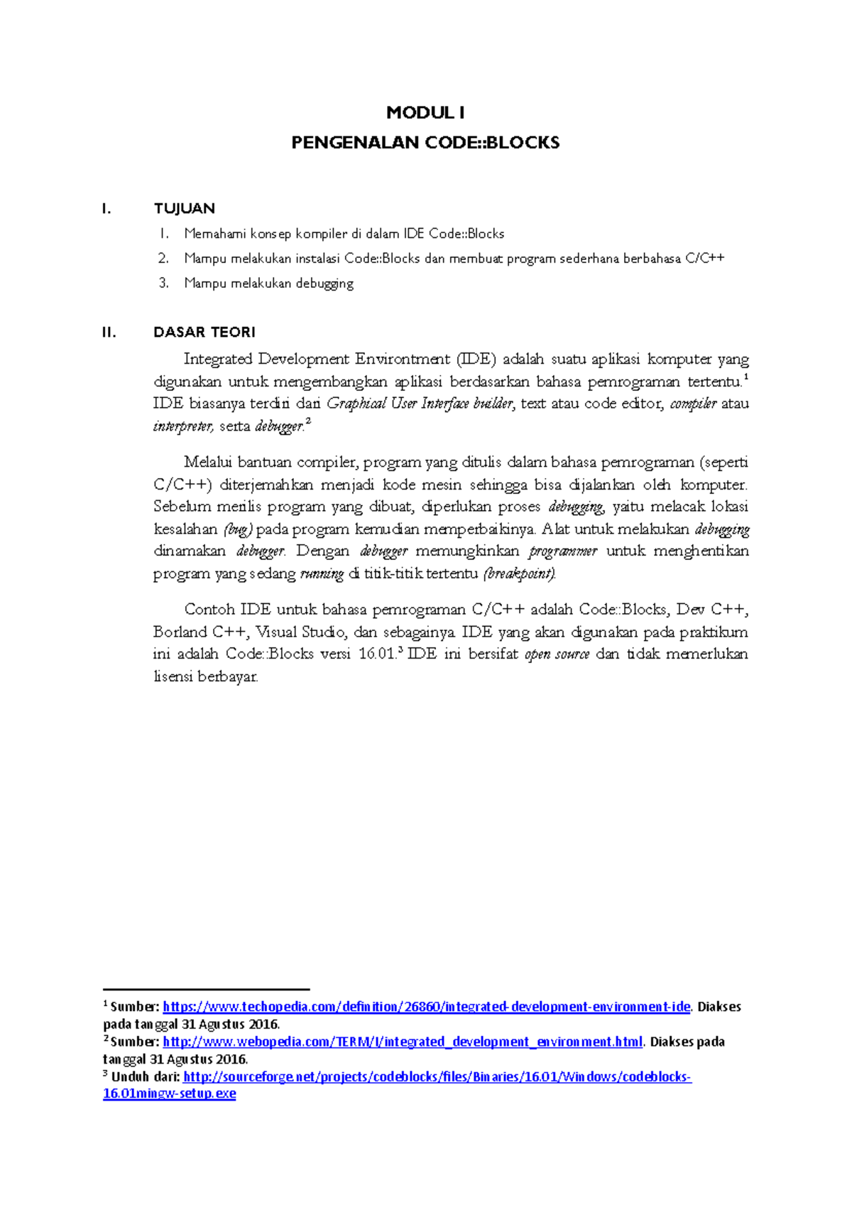 Modul 1: Pengenalan Code::Blocks dan Praktik Dasar C/C++ - Studocu
