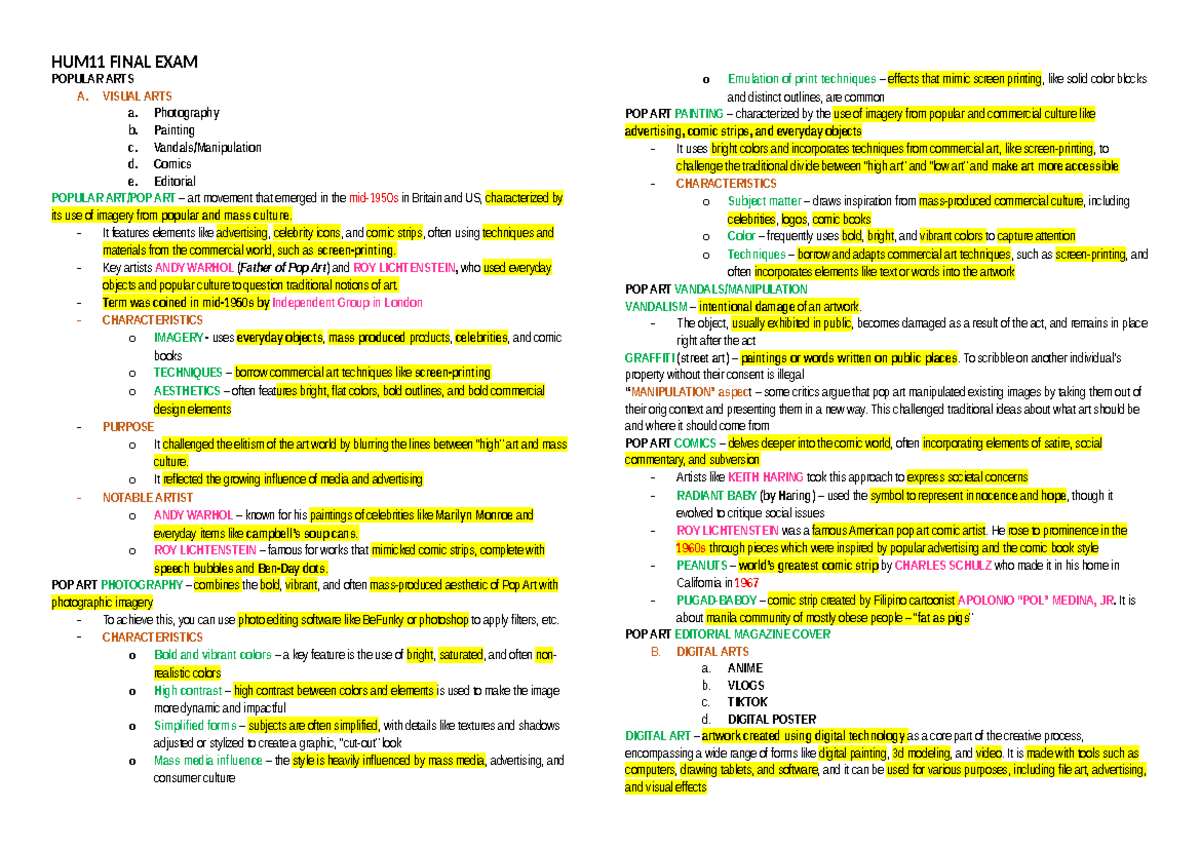 HUM11 FINAL EXAM REVIEWER: POPULAR ARTS & VISUAL ARTS - Studocu