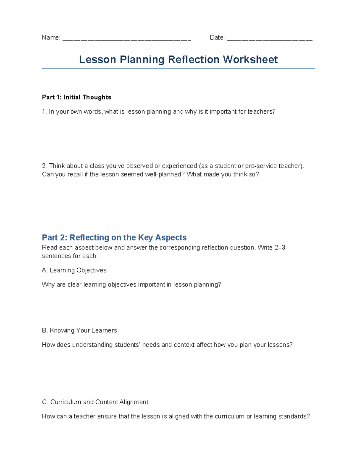 Lesson Planning Reflection Worksheet for Educators - Studocu