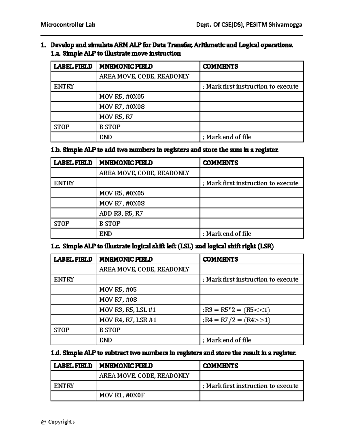 Microcontroller Lab Manual (CSE(DS), PESITM Shivamogga) - ARM ALP ...