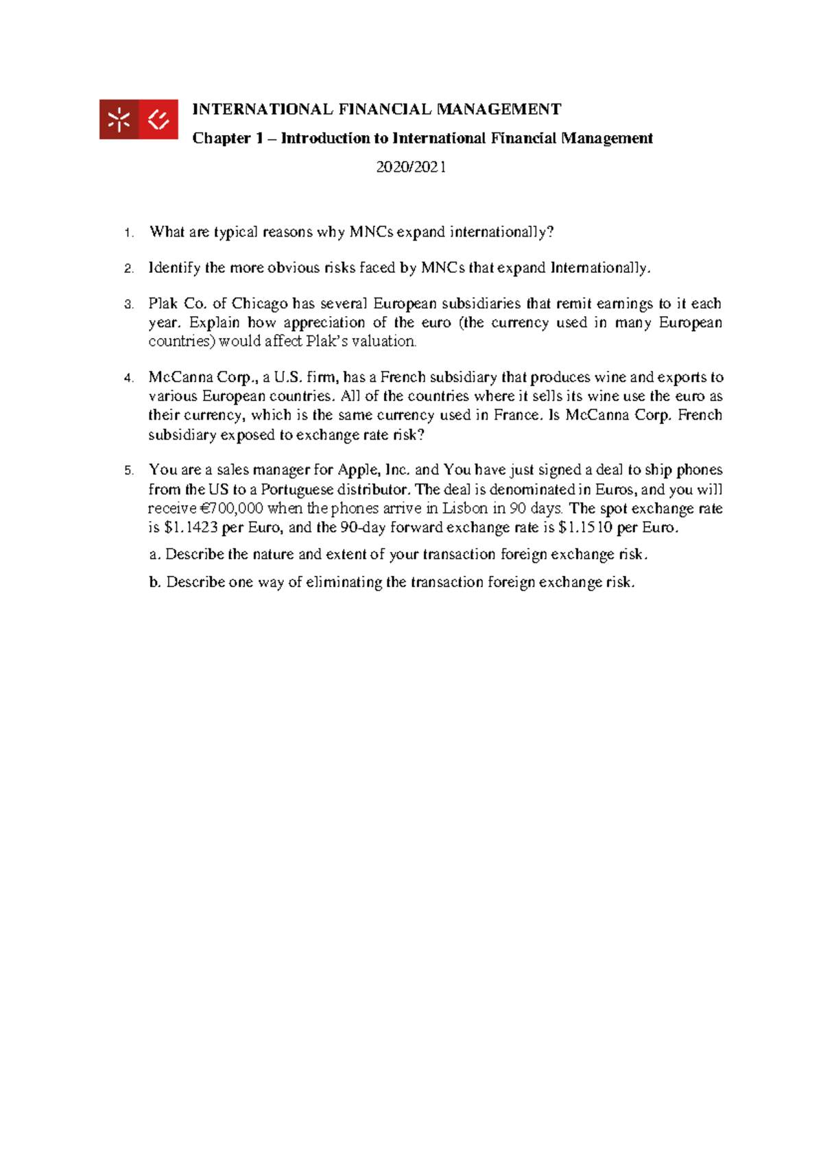 Exercises & Questions: Int'l Financial Management Chapter 1 - Studocu