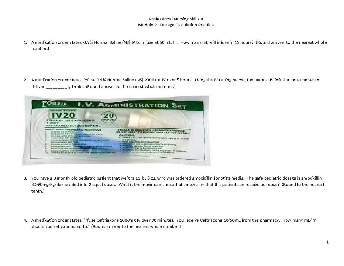Professional Nursing Skills II: Module 9 - Dosage Calc Worksheet - Studocu