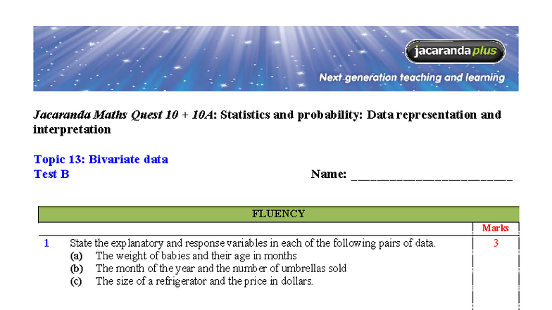 Jacaranda Maths Quest 10A: Bivariate Data Test B Practice - Studocu