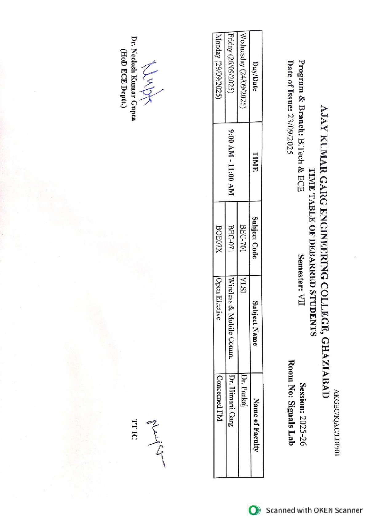 ECE Deptt Time Table for Debarred Students (2025-26) - Studocu