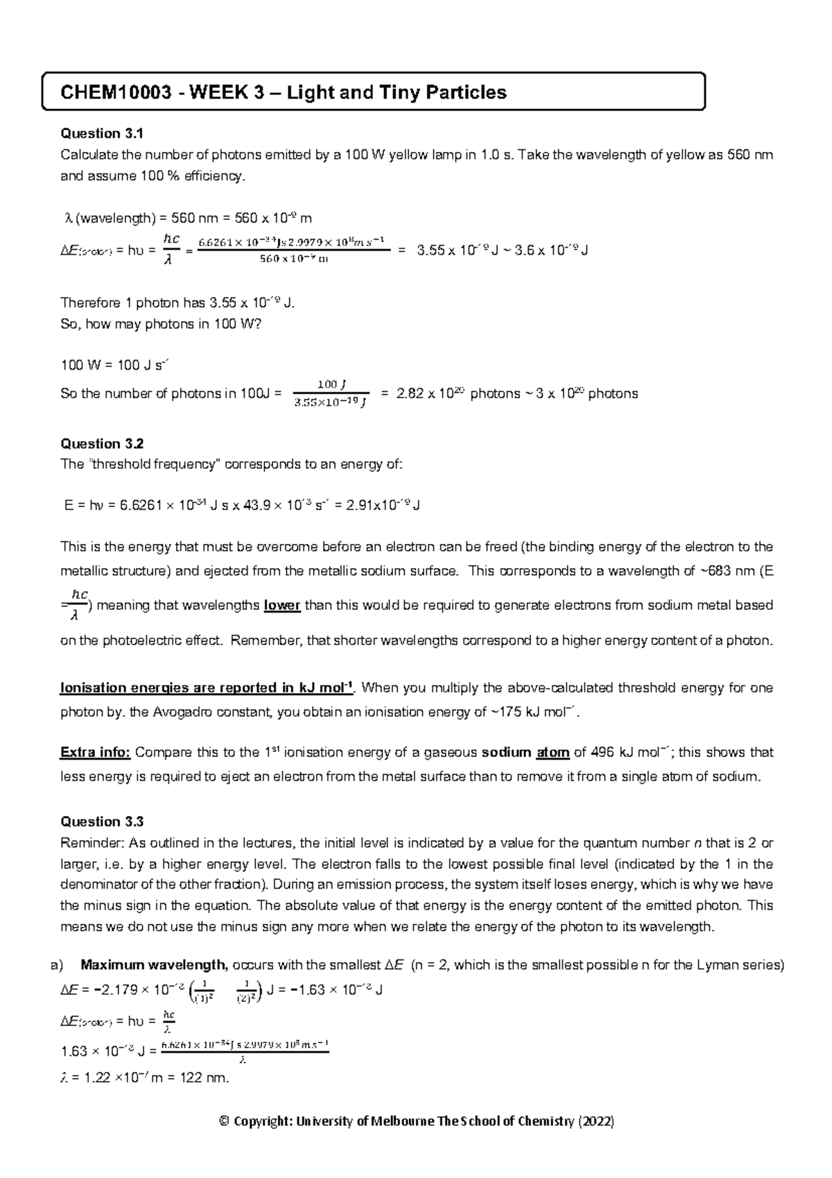 Week 3 Chem10003 Tutorial Solutions S1 2022 Chem10003 Week 3