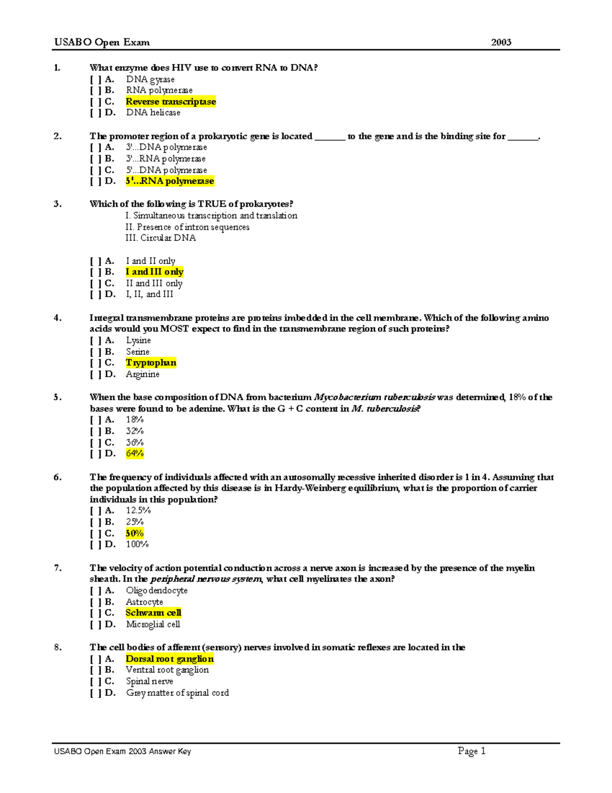 USABO 2003 Open Exam Answer Key: Detailed Solutions and Explanations ...