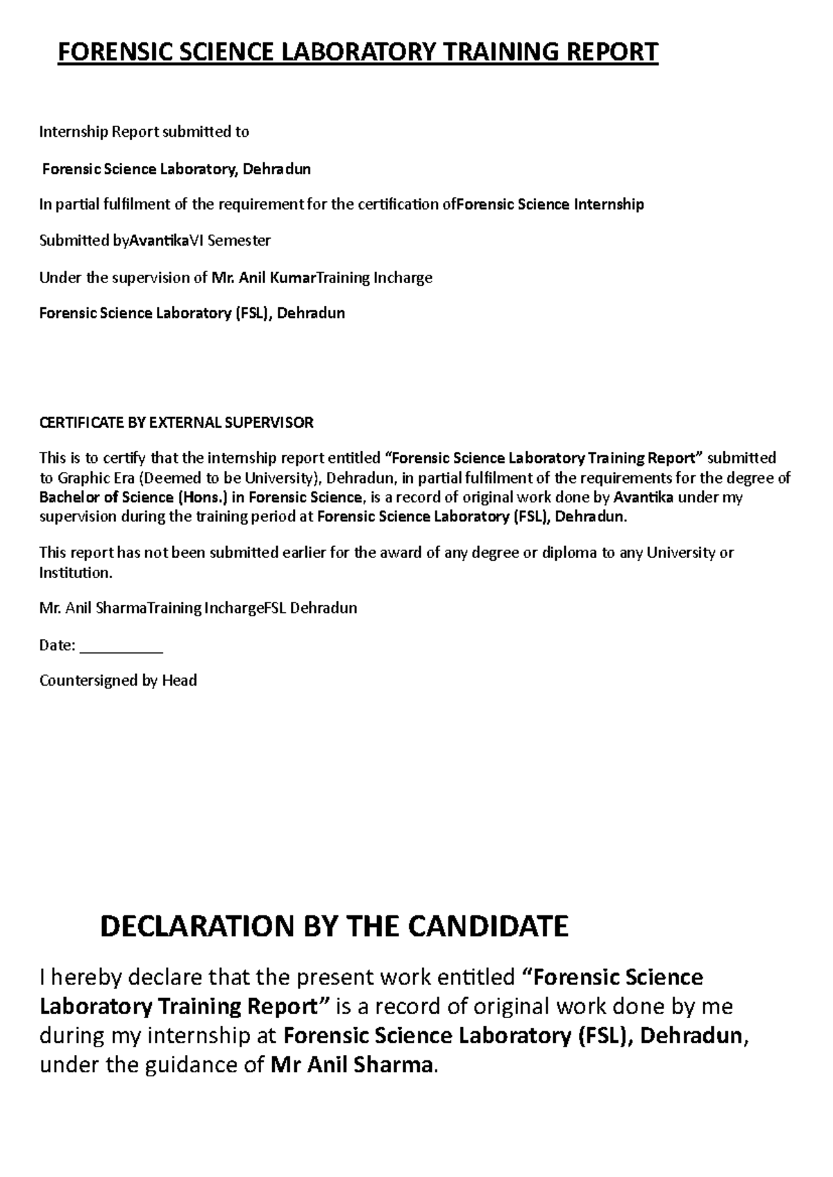 Forensic Science Internship Report (BSC 301) - FSL Dehradun - Studocu