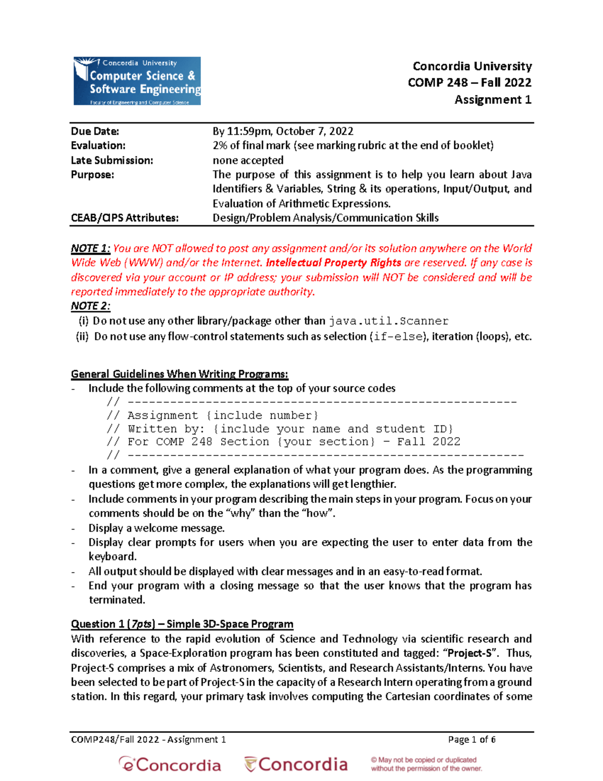 Assignment 1 Instructions - Concordia University COMP 248 – Fall 2022 ...