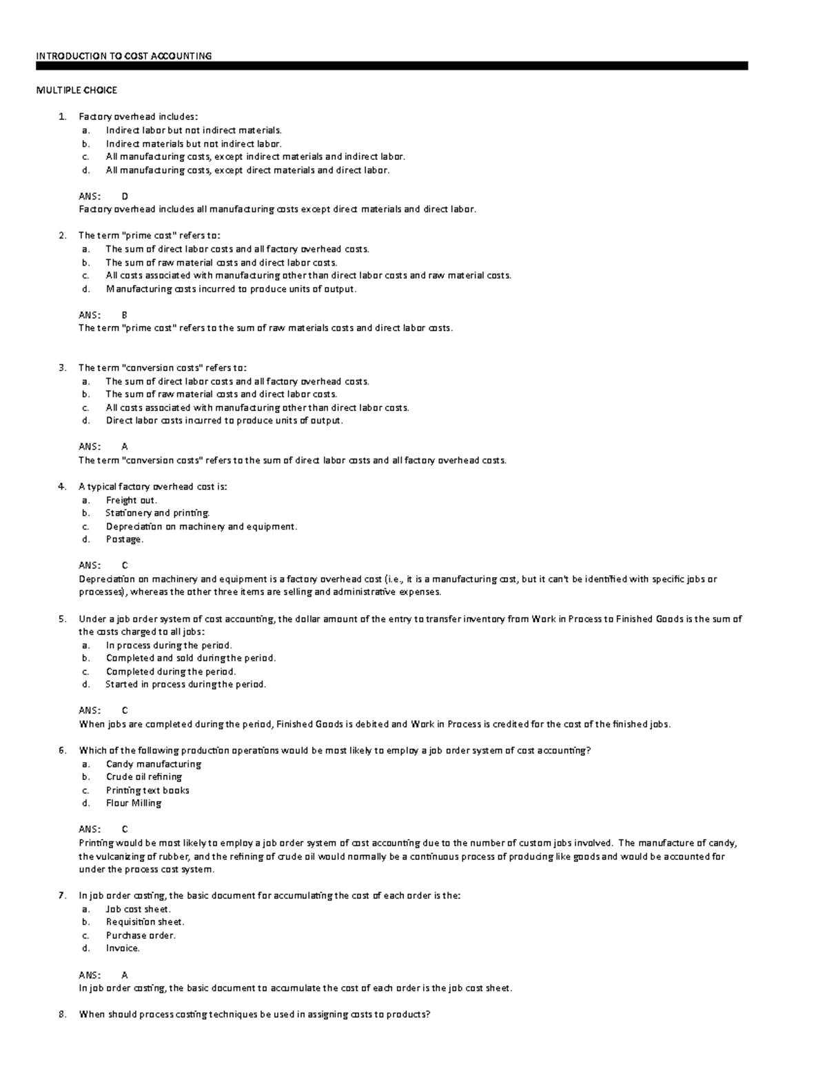 Cost Accounting MCQs Review - Course Code: COST 101 - Studocu