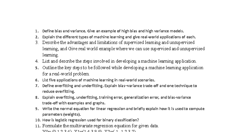 ML QB - Question Bank: Bias, Variance, and Machine Learning Concepts ...