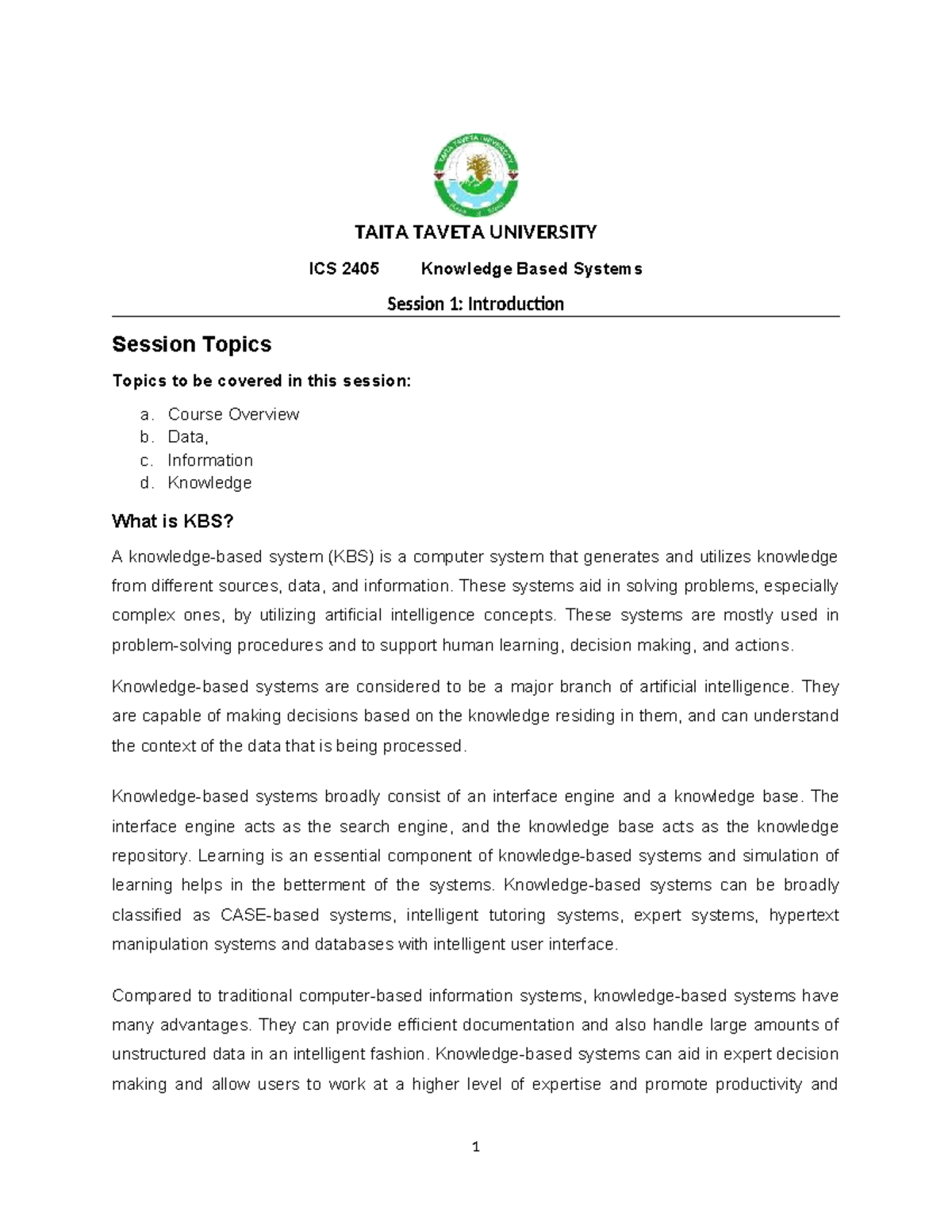 TAITA TAVETA UNIVERSITY ICS 2405 Knowledge Based Systems Intro Session ...