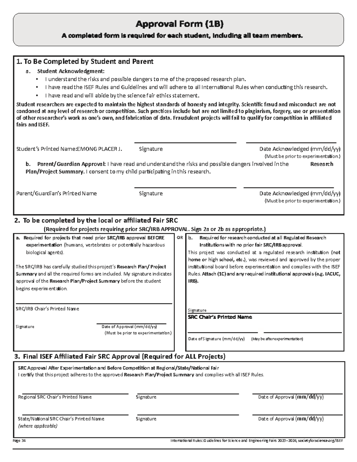 1B Research Plan Approval Form for Science Fair Participation - Studocu