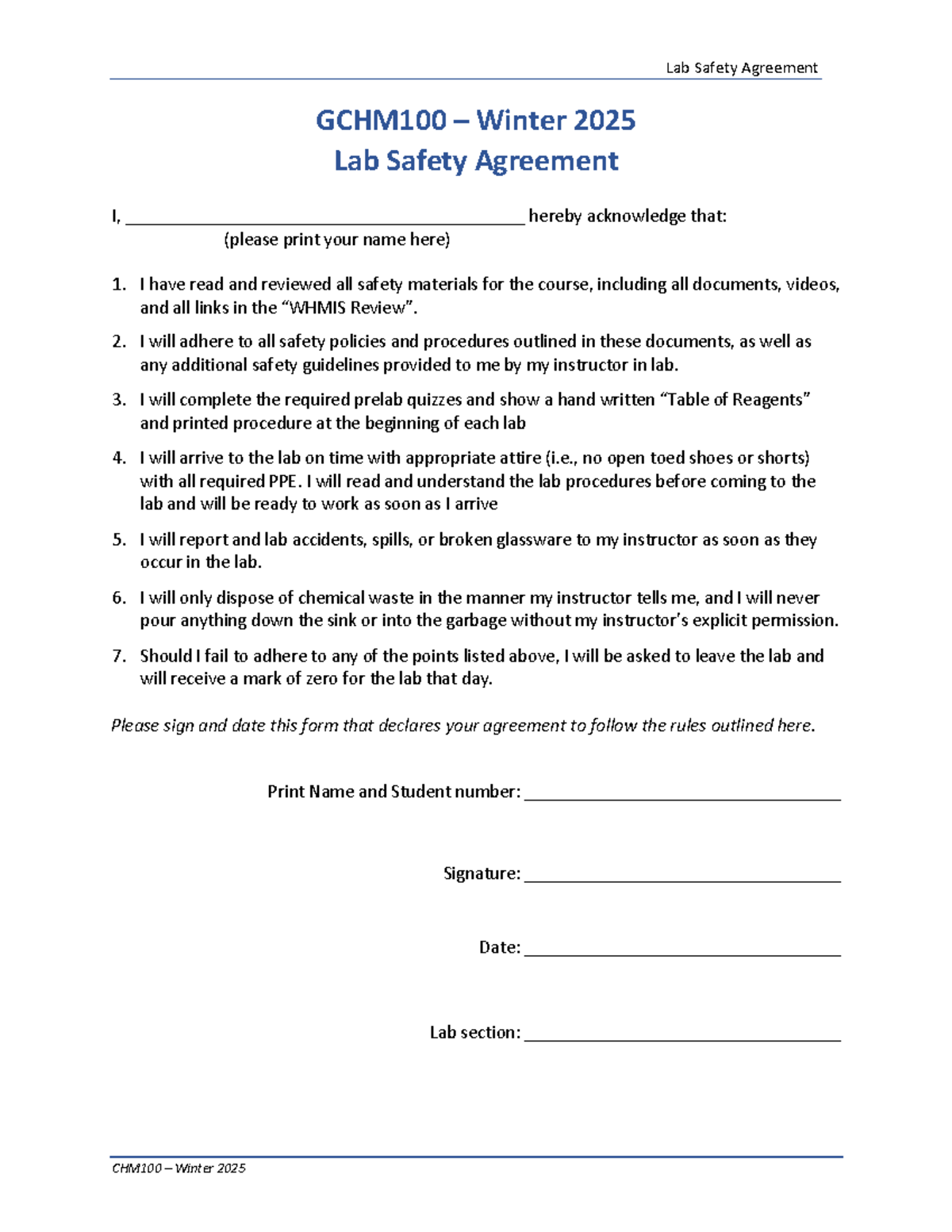 GCHM100 - Winter 2025 Lab Safety Agreement and Acknowledgment - Studocu