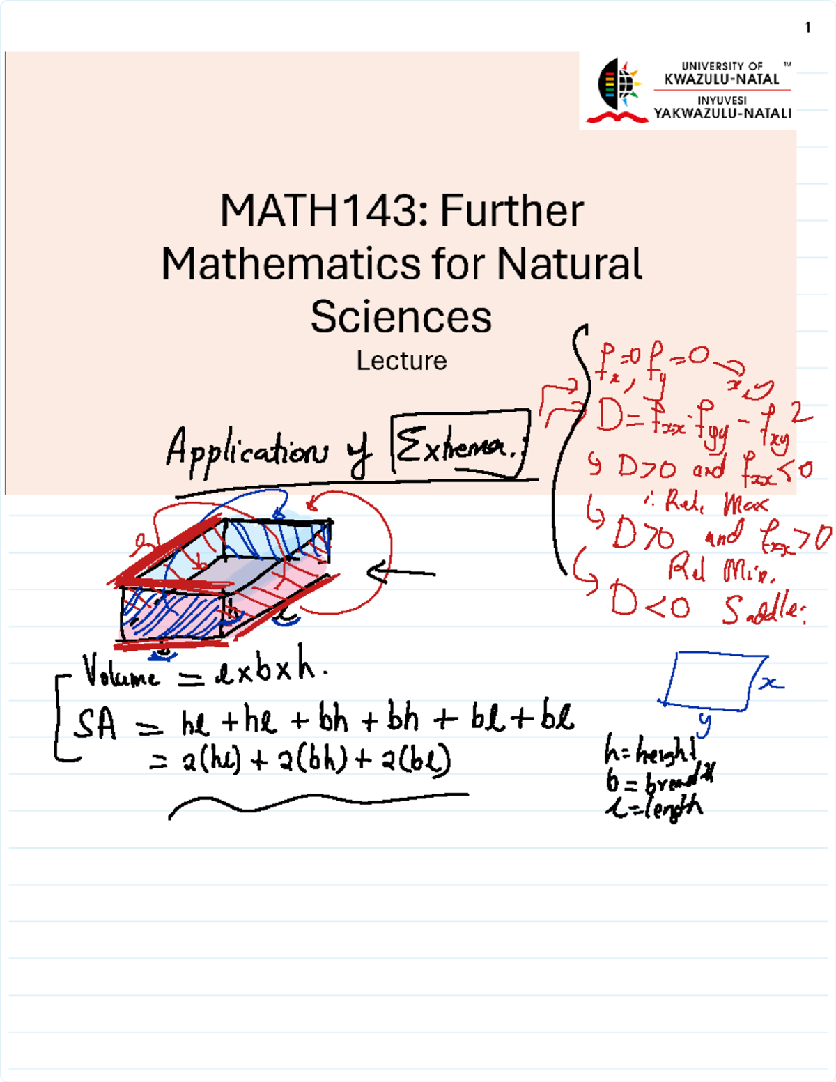 MATH143: Further Mathematics for Natural Sciences Lecture on Extrema ...