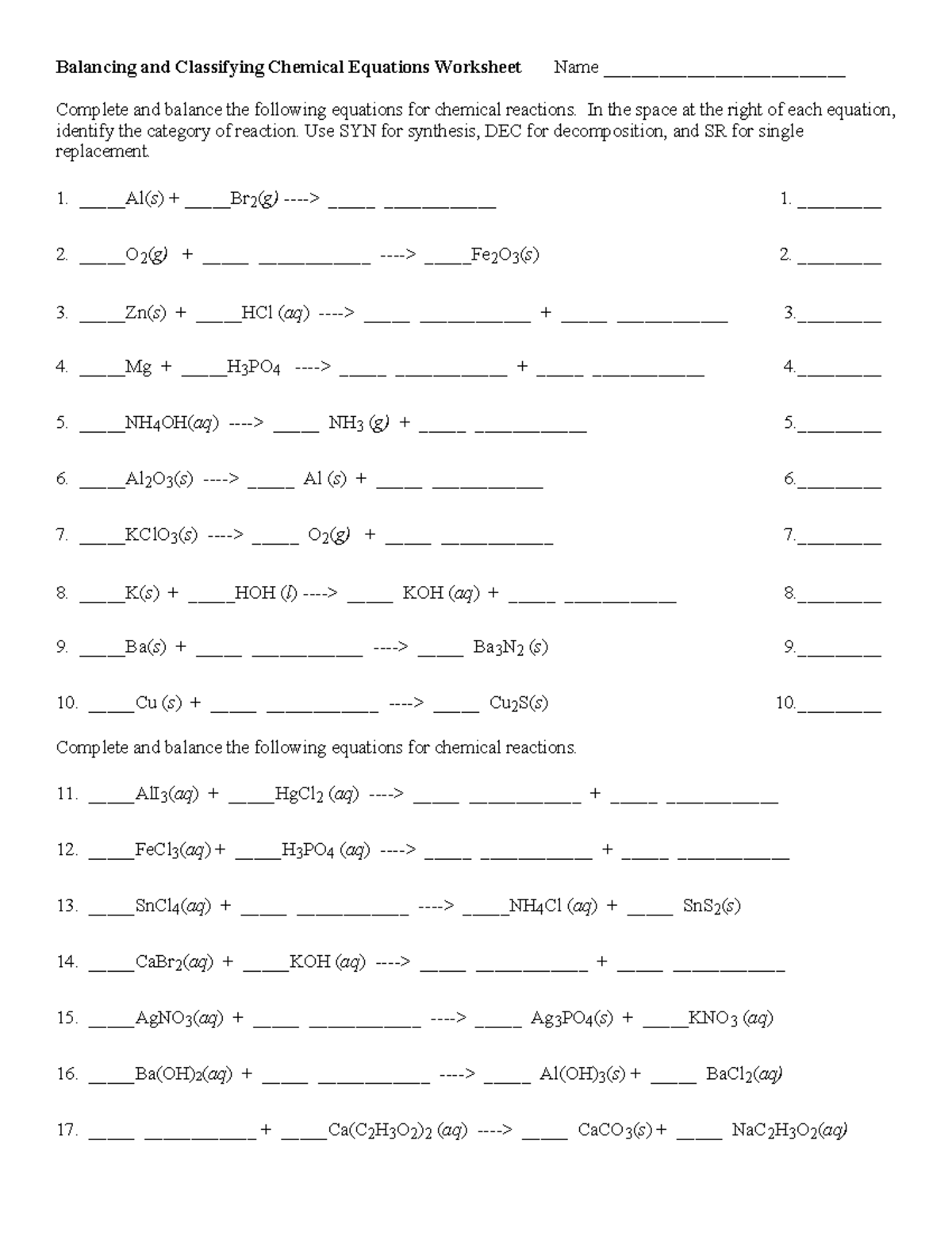 Balancing and Classifying Chemical Equations Worksheet (Chem 101) - Studocu