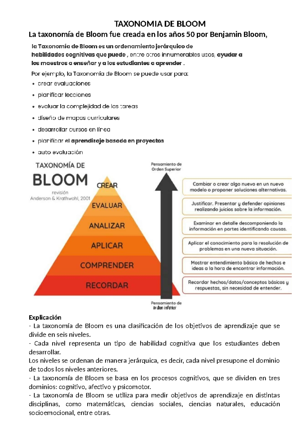 Taxonomia DE Bloom - Niveles de conocimiento para aplicar en la ...