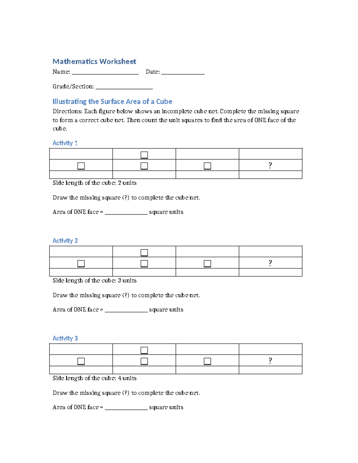 Math 101: Incomplete Cube Net Worksheet for Surface Area Calculation ...