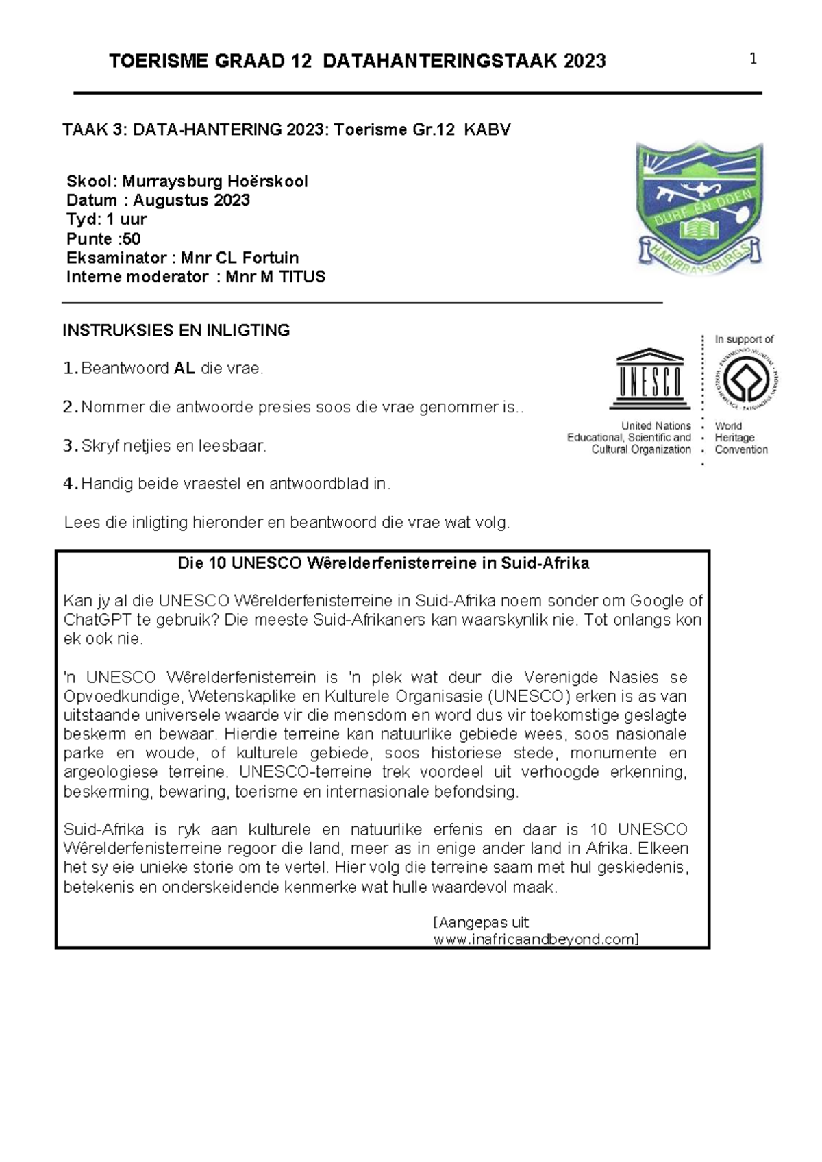 Toerisme Gr. 12 Datahanteringstaak 2023: UNESCO Wêrelderfenisterreine ...
