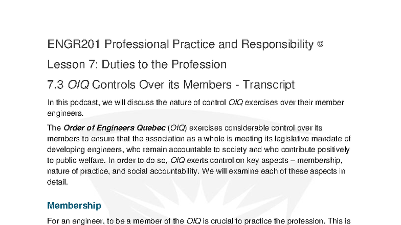 ENGR201 Lesson 7.3: OIQ Controls Over Members Transcript - Studocu
