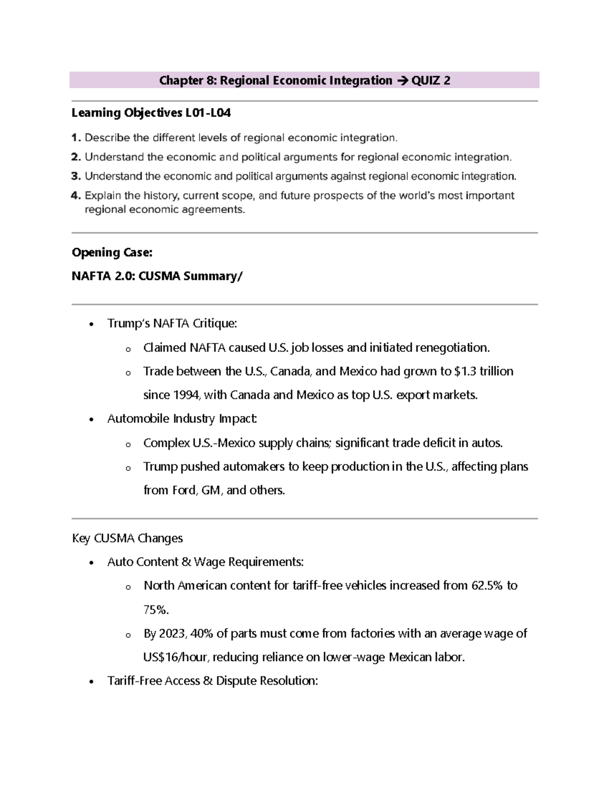 QUIZ 2 COMM 211 Notes - Chapter 8: Regional Economic Integration → QUIZ ...
